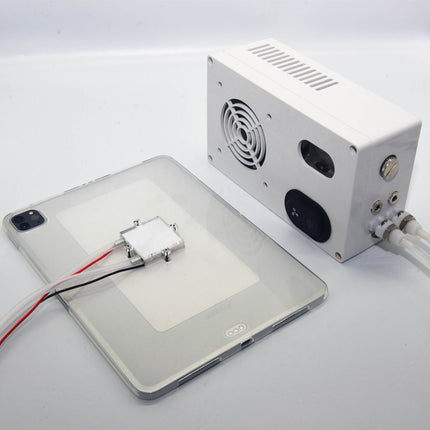 FrostPoint Semiconductor Water Cooling Kit - Next Generation Magnetic Cooling for Phones & Tablets - A grayish-white tablet computer with a case image