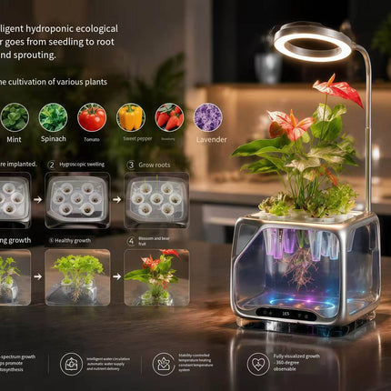 Smart Aeroponic Hydroponic System Desktop Plant Grow Cabin Full Spectrum LED Grow Light Auto Water Circulation Home/Office